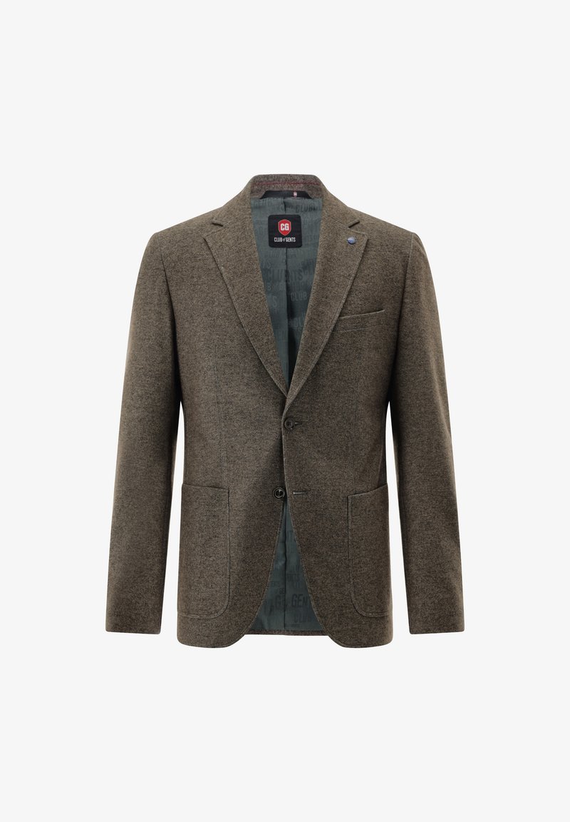 Brauner Wollblazer mit schlanker Passform, einreihigem Knopfverschluss, Reverskragen, zwei vorderen Taschen und gemustertem Innenfutter.