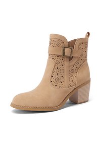 Stivaletti alla caviglia color tan con tacco a blocco, caratterizzati da motivi floreali perforati, una fibbia laterale e una finitura in suede morbido.