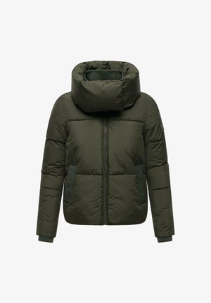 Sötétzöld párnázott téli dzseki magas gallérral, elülső cipzárral, oldalsó zsebekkel és bordázott mandzsettával a ujjakon.