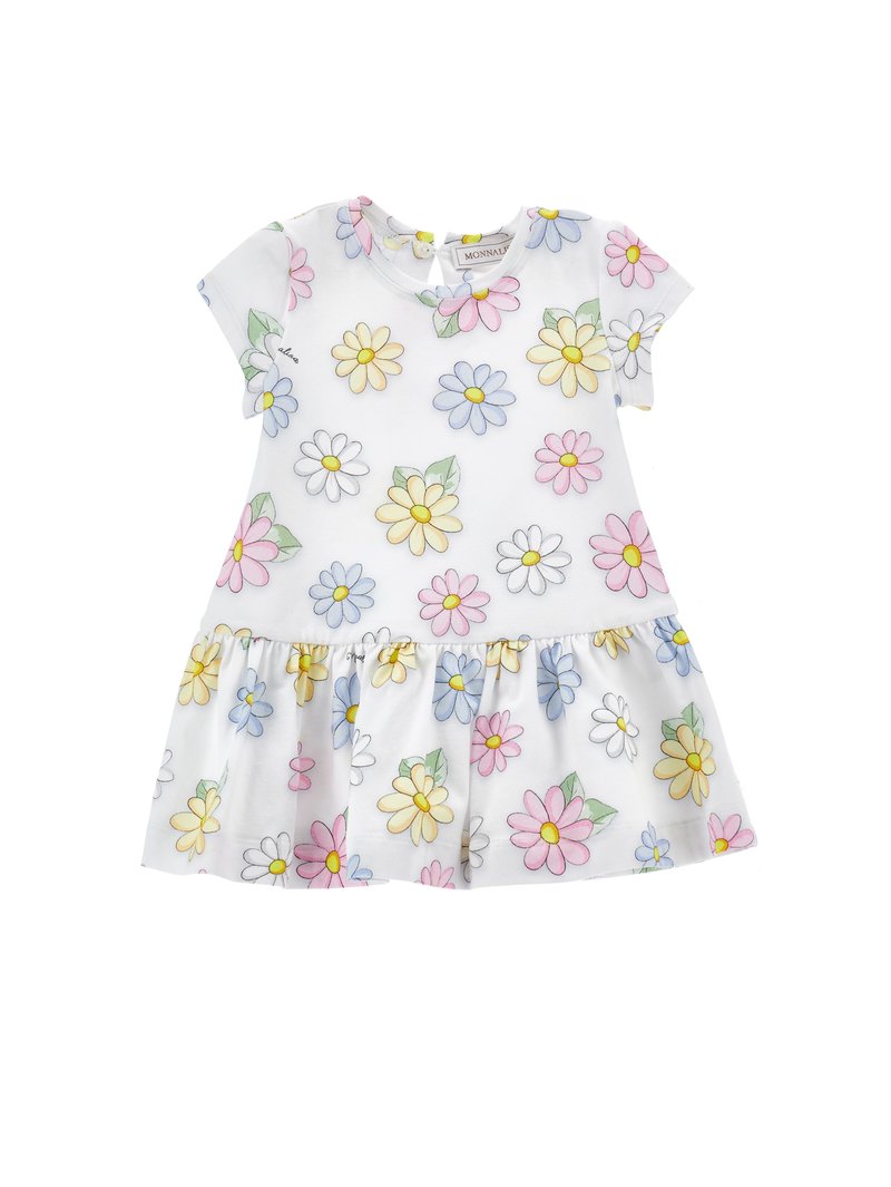 Vestido de tela blanca con estampado de flores y mangas cortas, con falda fruncida. Presenta margaritas multicolores en rosa, amarillo y azul.