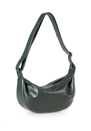 Sac à épaule en cuir vert foncé, de forme incurvée en croissant avec une large sangle, présenté sur un fond blanc.
