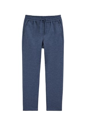 Blå elastiske joggebukser med snøre og sidelommer, vist fladt på hvid baggrund.