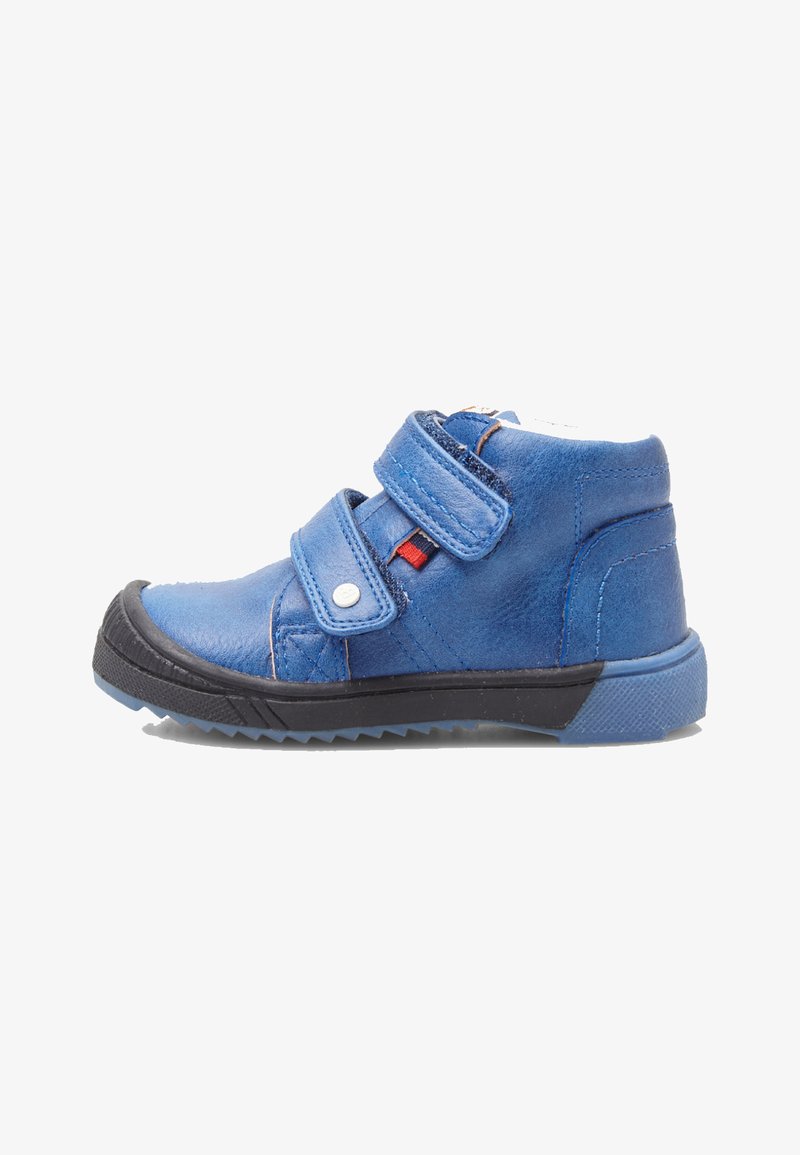 Blue leather ankle boots with two Velcro straps, black rubber sole, textured surface, and contrasting stitching detail.