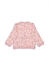 Helle rosa Sweatshirt mit einem gepunkteten Muster in verschiedenen Farben, mit gerippten Bündchen und Halsausschnitt in passendem Rosa. Weiche Stofftextur.