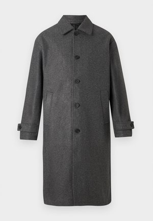 Grau melierter Wollmischmantel mit geradem Schnitt, Knopfleiste, zwei Eingrifftaschen und verstellbaren Manschetten. Verfügt über ein klassisches Kragendesign.