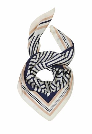 Seidenschal mit marineblauen geometrischen Linien, beigen und marineblauen Rändern sowie gepunkteten Mustern, zu einer gedrehten Schlaufe arrangiert.