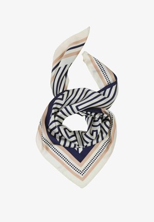 Silk scarf with navy blue geometric lines, beige and navy borders, and dotted patterns, arranged in a twisted loop.