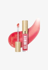 Lipgloss med en klar applikator, låg med guldglitter, i en gennemsigtig tube. Den har en shimmerende pink nuance med glimmer og en glat tekstur.