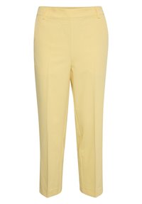 Pantalons taillés jaunes avec une texture lisse, design à jambe droite et poches avant ; taille mi-haute sans fermetures visibles.