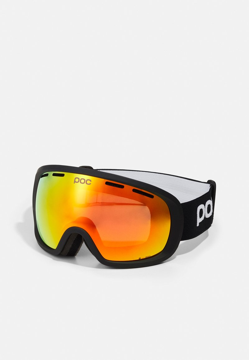 Ski goggles with a black frame, orange mirrored lens, soft foam padding, and a white adjustable strap featuring the brand name.
