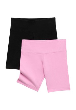 Sorte og lyserøde cykelshorts med høj talje, stablet, viser front med glat stof og syning detaljer.