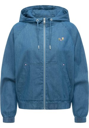 Blaue Jeansjacke mit Kapuze, vorderem Reißverschluss, Kordelzug an der Kapuze, elastischen Bündchen und Saum, zwei Vordertaschen sowie kleinem, gesticktem Logo auf der Brust.