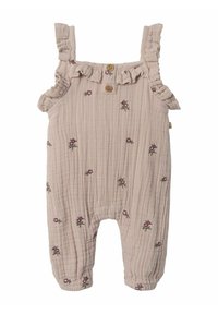Muted pink cotton onesie with ruffled shoulder straps, decorative buttons, and embroidered floral patterns throughout. Soft, textured fabric.