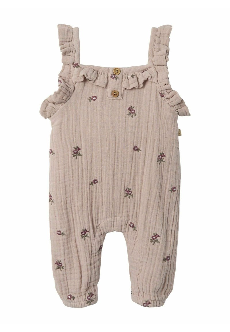 Muted pink cotton onesie with ruffled shoulder straps, decorative buttons, and embroidered floral patterns throughout. Soft, textured fabric.
