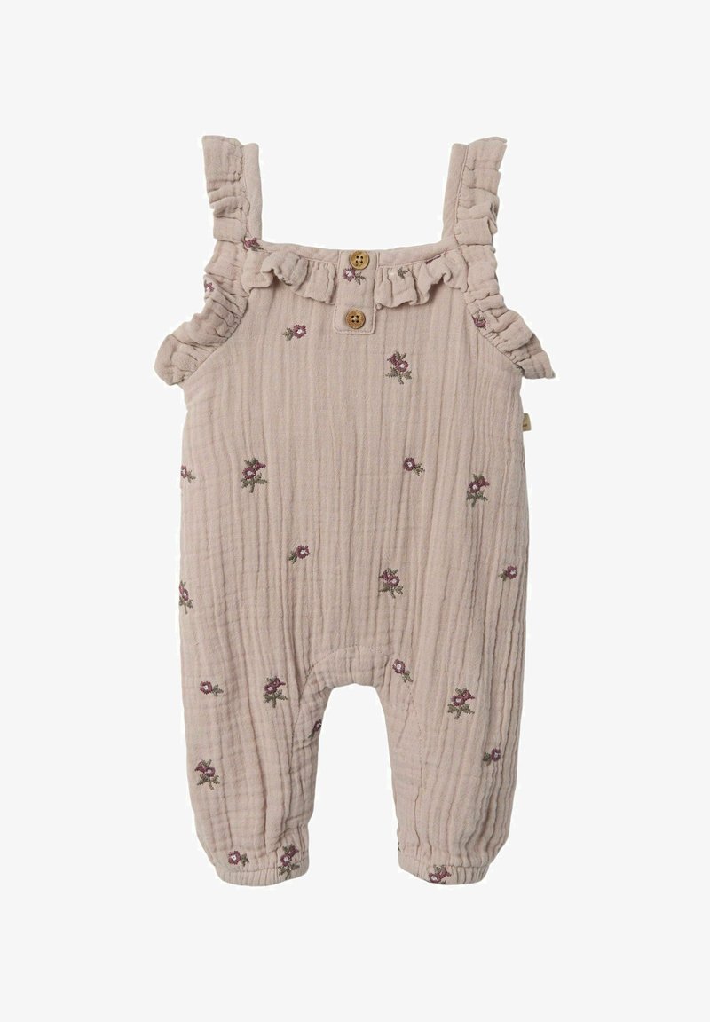Muted pink cotton onesie with ruffled shoulder straps, decorative buttons, and embroidered floral patterns throughout. Soft, textured fabric.