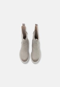 Bottes basses en daim gris avec une texture lisse, un bout arrondi et des semelles en caoutchouc de couleur claire. Comprennent une fermeture éclair latérale et une languette pour un enfilage facile.
