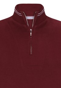 Pullover bordeaux con zip a quarto, in tessuto rigato, dotato di una zip argento e doppie strisce bianche sul collo. Etichetta del marchio visibile all'interno.