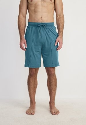 Muskulöser Mann steht barfuß, trägt türkisfarbene Shorts mit Kordelzug vor einem einfarbigen hellen Hintergrund.