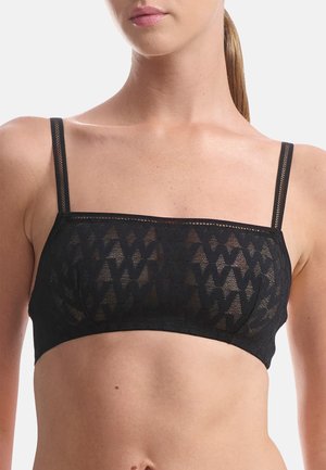 Schwarzer Spitzen-Bralette mit geometrischem Muster, verstellbaren dünnen Trägern und einem nahtlosen Unterbrustband für eine enganliegende Passform.
