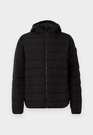 Black puffer jacket with a hood, featuring a quilted design, zip closure, and ribbed cuffs. Smooth finish with no visible logos or patterns.