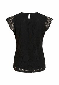 Top in pizzo nero con un motivo floreale, maniche a farfalla corte e dettaglio a oblò sul retro. Texture morbida con un orlo scallop.
