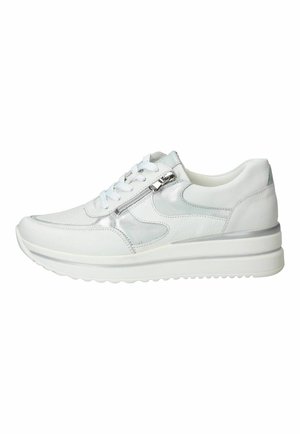 Weißer und silberner Ledersneaker mit Schnürung vorne, seitlichem Reißverschluss und dicker gepolsterter Sohle.