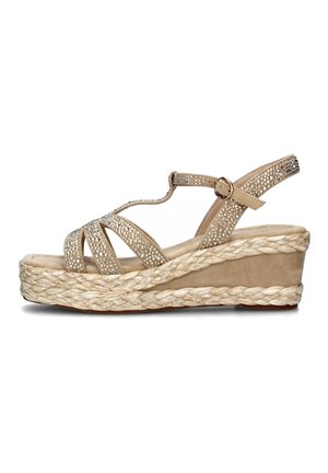 Beige wedge sandals with adjustable ankle strap, featuring crisscross straps adorned with small rhinestones and a braided jute platform.