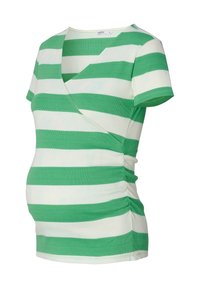 Groen en wit gestreept zwangerschaps-topje, korte mouwen, v-hals, gerimpelde zijkanten en een aansluitend ontwerp.
