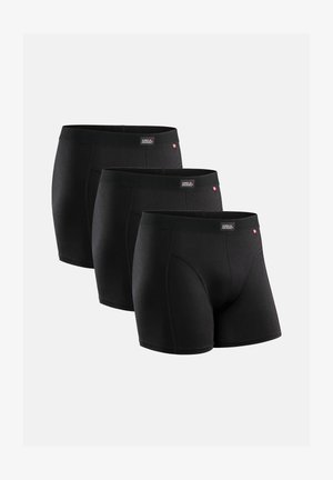 Tre par svarta boxershorts tillverkade av slät tyg, med en bekväm midja och en klassisk design utan synliga mönster.