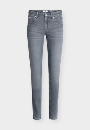 Jeans skinny in denim grigio medio. Presentano il classico design a cinque tasche, chiusura con bottoni e leggero scolorimento per un aspetto consumato.