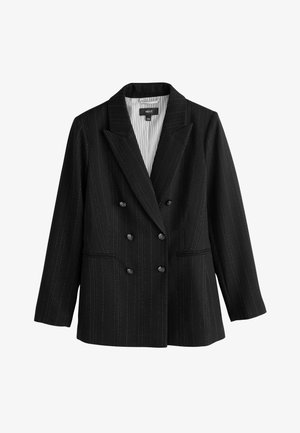 Blazer noir croisé avec de fines rayures, revers crantés, manches longues et deux poches avant, doublé de rayures blanches et noires.