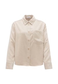 Beige corduroy shirt with a collar, front pocket, and button closures. Features vertical ribbed texture and long sleeves with striped cuffs.