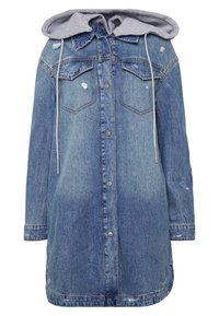 Veste en denim avec une capuche grise, dotée d'un avant à boutons, de deux poches poitrine, de détails usés et d'une coupe décontractée.