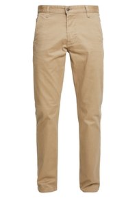 Pantaloni casual slim fit da uomo beige con passanti per cintura, bottone frontale e chiusura con zip, realizzati in tessuto morbido.
