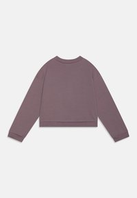 Lilla cropped genser med lange ermer, rund hals og ribbestrikkede mansjetter. Glatt, myk stoff med et enkelt, minimalistisk design.