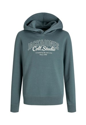 Green hooded sweatshirt with "JACK & JONES Coll. Studio Created by the J&J crew Since 1990" printed in white on the chest.
