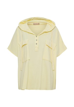 Lysegul kortærmet hættetrøje med knapper foran, to store brystlommer og justerbare snore i hætten.