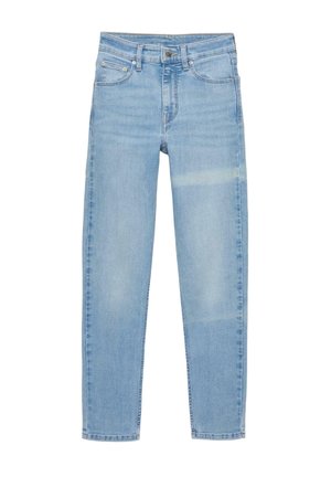 Hellblaue Skinny-Jeans mit hoher Taille, Frontknopf und Reißverschluss, Fünf-Taschen-Design und dezentem Verblassen an Oberschenkeln und Knien.