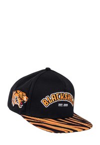 Cappello nero con un design ricamato di una tigre, visiera a strisce arancioni e nere e la scritta "BLACKSKIES EST. 2009" in caratteri in grassetto.