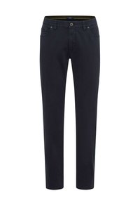 Donkerblauwe katoenen broek met een rechte pasvorm, voorzien van voorzakken, een knoopsluiting en een gladde textuur. Klassiek ontwerp, veelzijdige stijl.
