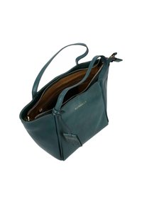Borsa a tracolla in pelle verde petrolio con due manici superiori, chiusura con zip e tasche interne. Marchio dorato sul lato e dettaglio della etichetta. Texture liscia.