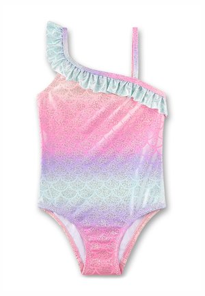 Costume da bagno monospalla per ragazze con dettaglio di volant, motivo iridescente a conchiglia nei colori sfumati rosa, viola e azzurro chiaro.