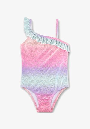Mädchen Badeanzug mit einem Schulterriemen und Rüschen-Detail, irisierendes Muschel-Muster in Pink, Lila und hellblauem Farbverlauf.