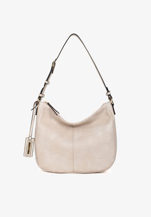 Sac hobo en cuir beige clair avec un design décontracté, une forme courbée, des accents en métal doré, et une bandoulière réglable avec des détails noirs.
