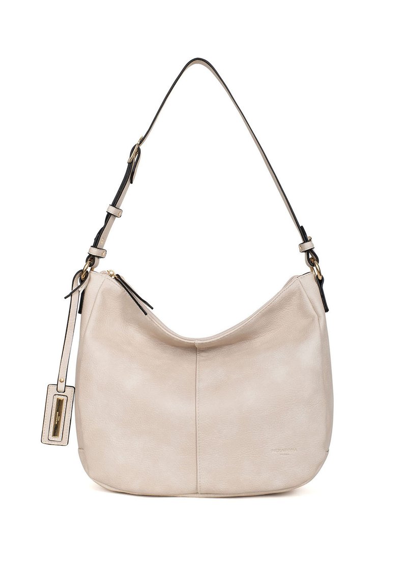 Borsa hobo in pelle beige chiaro con un design morbido, forma curvata, dettagli in metallo dorato e tracolla regolabile con finiture nere.