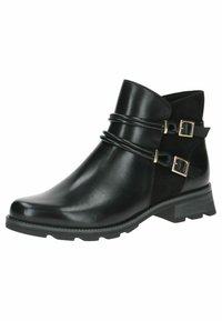 Botines negros con materiales de cuero suave y ante, punta redonda, doble hebilla y un tacón texturizado con una suela robusta.
