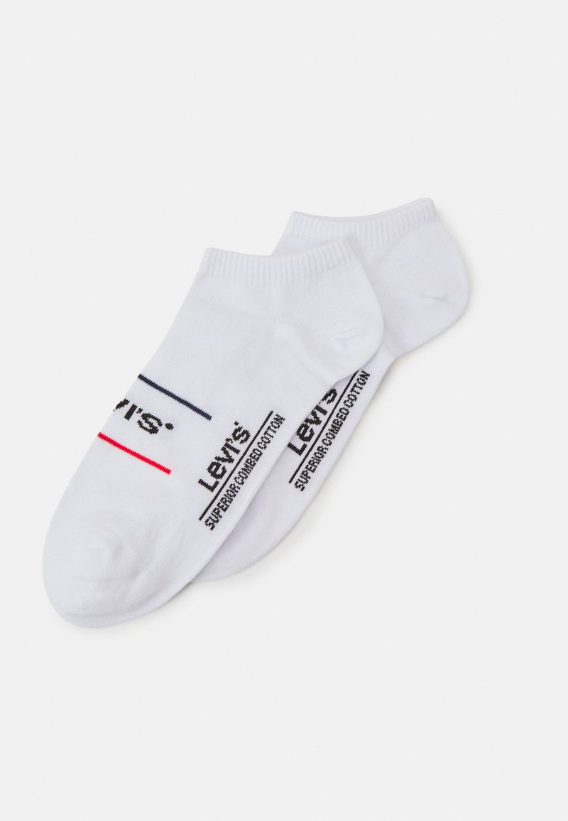 Bela bombažna ankletna nogavica z mornarsko modrimi in rdečimi črtami, blagovne znamke "Levi's" v črni barvi, s rebrastim robom in gladko teksturo.
