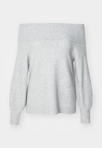 Light gray off-the-shoulder knit sweater with ribbed neckline and cuffs, featuring a relaxed fit and soft texture.