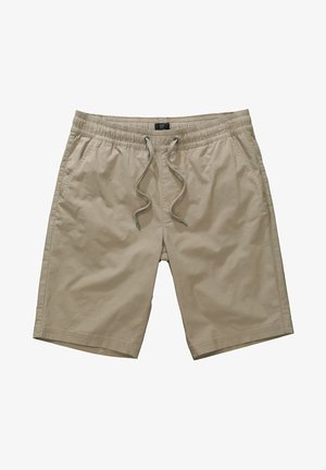 Beige Shorts aus leichtem Material, mit einem elastischen Bund und Kordelzug, zwei Seitentaschen und gesäumten Säumen.
