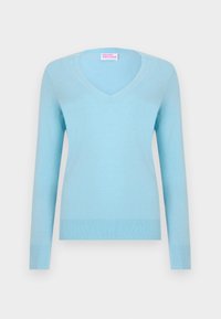 Világoskék, V nyakú pulóver, hosszú ujjal, puha anyagból készült. Bordázott textúrával rendelkezik a mandzsettákon és az alján. A címke felirata: "A JÖVŐBŐL".